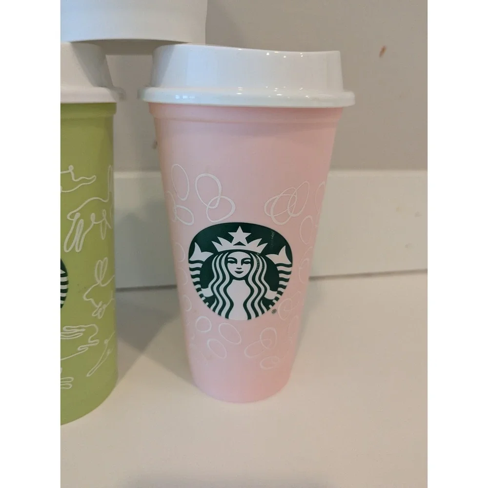 Starbucks 2018 Reusable Easter Pastel Cups Set Of 5 16oz cups W/Lids Rabbit Egg